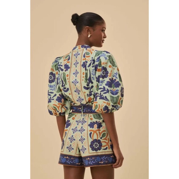 Farm Rio Green Ocean Tapestry Belted Romper, Medium, 100% Cotton New $200 - Picture 5 of 7